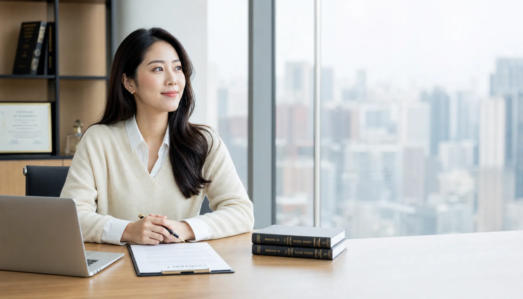律师在明亮办公室审阅合同